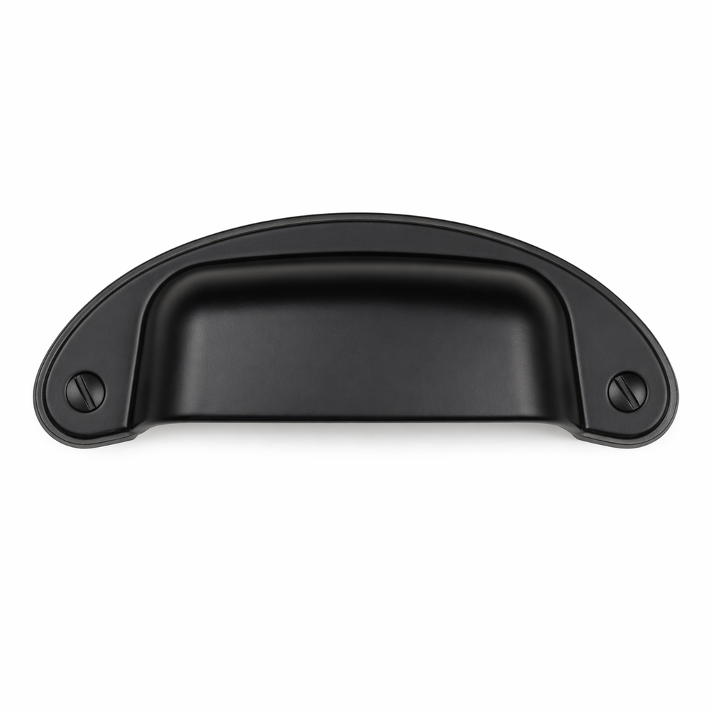 Tirador tipo concha para muebles de cocina y cajones. Diseño clásico de 97 mm en negro mate, plata antigua o cobre antiguo con agarre cómodo y estilo rústico.