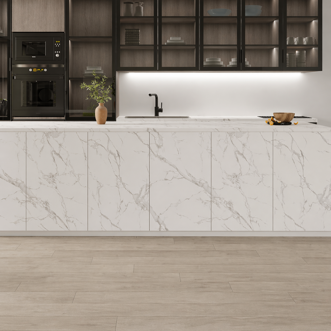 Puertas de cocina efecto piedra y mármol a medida para renovar armarios sin obra. Diseño moderno con bisagras incluidas y acabados tipo Carrara y Marquina.