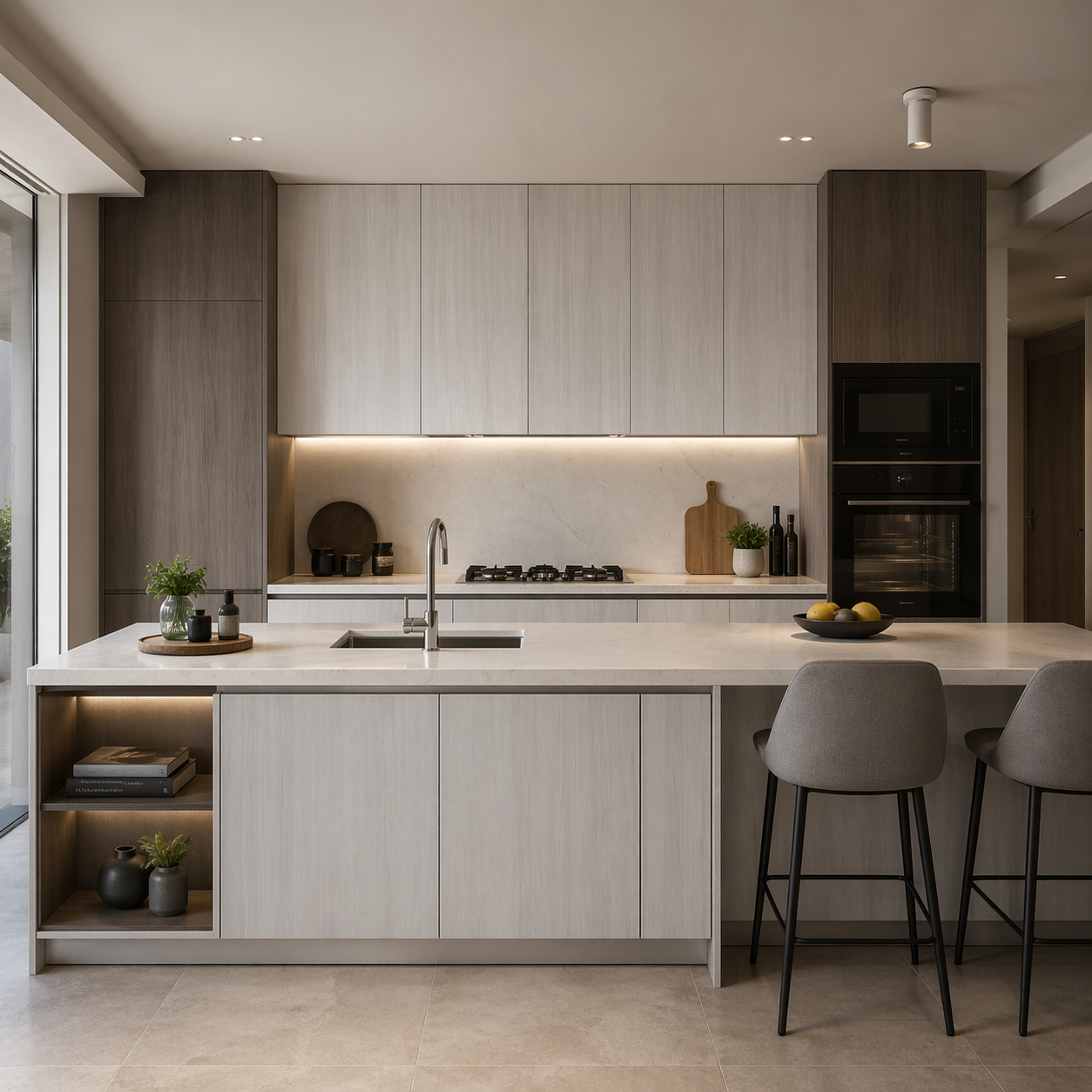 Puertas de cocina modernas a medida en tonos claros y estilo nórdico. Renueva armarios de cocina sin obra con bisagras incluidas y diseño minimalista.