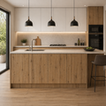 Puertas de cocina efecto madera natural a medida para renovar armarios sin obra. Acabados roble y fresno con relieve, bisagras incluidas y estilo cálido.