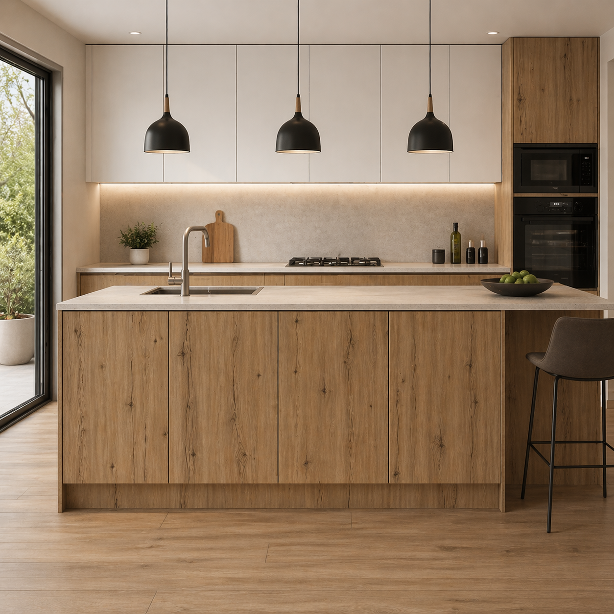 Puertas de cocina efecto madera natural a medida para renovar armarios sin obra. Acabados roble y fresno con relieve, bisagras incluidas y estilo cálido.