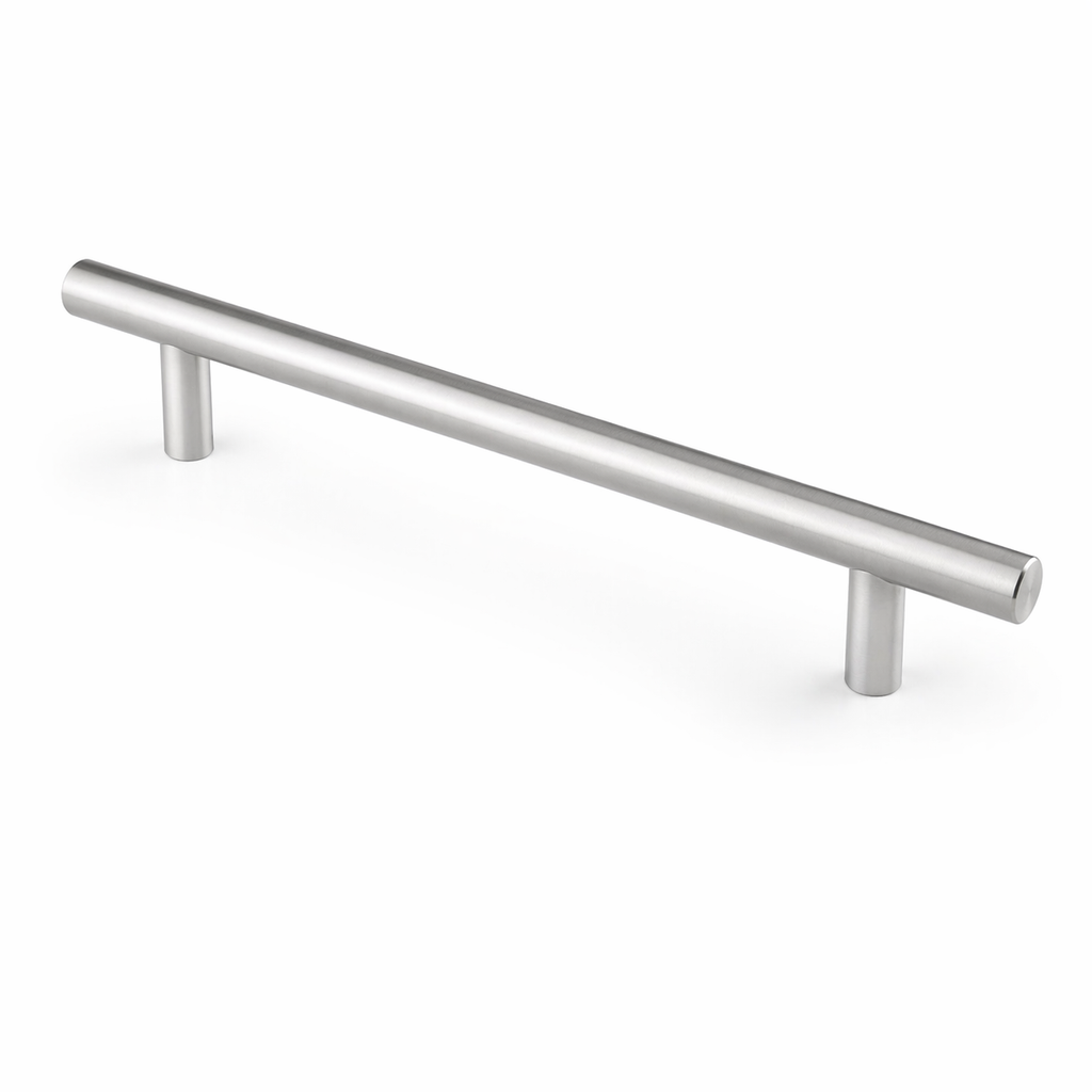 Tirador tubular metálico para muebles de cocina y cajones. Diseño funcional de 188 mm en acabado cromo con agarre cómodo e instalación estándar.
