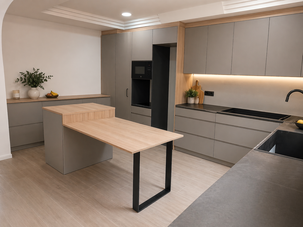 Frentes de cajón de cocina con tirador integrado JPull en colores lisos modernos. Renueva cajones de cocina sin obra con diseño minimalista y apertura integrada.