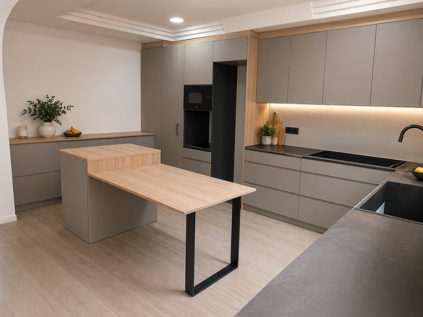 Frentes de cajón de cocina con tirador integrado JPull en colores lisos modernos. Renueva cajones de cocina sin obra con diseño minimalista y apertura integrada.